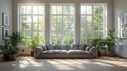 A spacious living room with large windows that let in plenty of natural light, creating a bright and airy atmosphere.