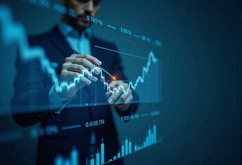 Businessman Visualizing Future Investment Strategies - Data Analysis and Market Forecasting through Digital Interfaces