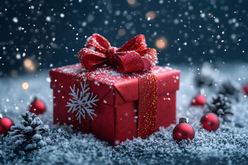 Mockup photo with space for text giftbox holiday present box with colorful ribbon bow, Generative AI