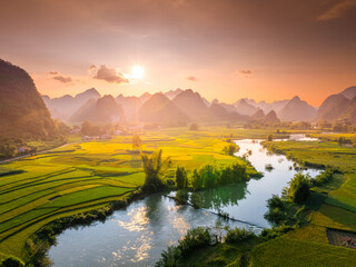 Aerial landscape in Phong Nam valley, Cao bang province, Vietnam with river, nature, rice fields, beautiful destination in Northern Vietnam