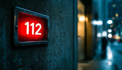 Red Illuminated Number 112 On Building Wall, Night City Street With Lights In Background