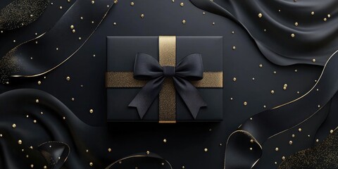 Elegant black gift box with gold ribbon on a dark background surrounded by sparkling decorations