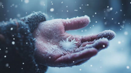 Frostbitten hands with snowflake in palm and spectacular cold lighting