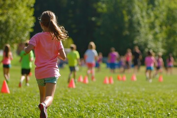 Children joyfully run through a sunny park with colorful cones during an activity