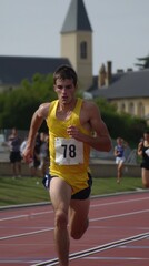 Fototapeta premium Young athlete sprints towards victory on a sunny track in a competitive race