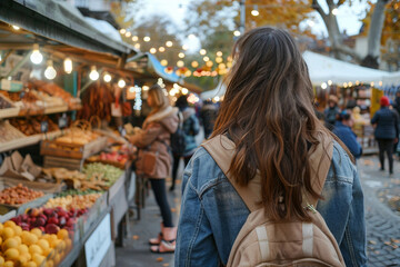 Obraz premium Seasonal autumn fair market with bright warm autumn colors, people crowd shopping having fun, Generative AI