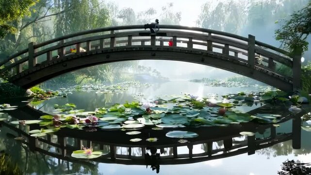 Arched bridge over a tranquil lake with water lilies, Video