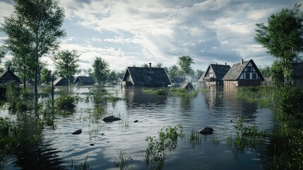Obraz premium Aerial view of a flood-affected area with houses and trees in the background, ideal for use in news stories or environmental reports