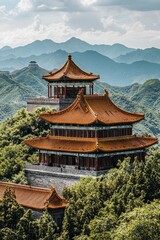 Fototapeta premium A Chinese-style building, located on the top of Mountains in China, with floors and golden roofs.