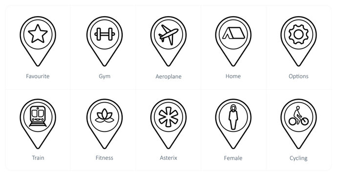A set of 10 Location Pointer icons as favorite, gym, aeroplane
