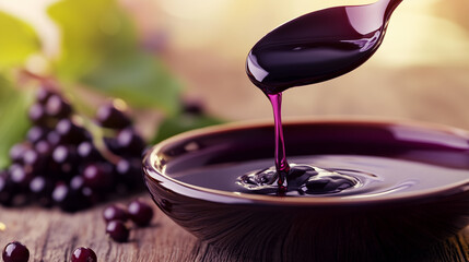 Close-up shot of spoon dipping into elderberry syrup, rich purple color