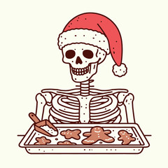 A humorous illustration of a skeleton in a Santa hat baking gingerbread cookies.