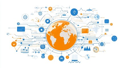 A flat vector illustration of the Earth surrounded by icons representing a global network, the internet, and technology on a white background.