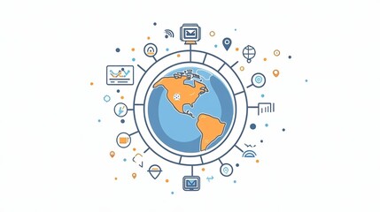 Obraz premium A flat vector illustration of the Earth surrounded by icons representing a global network, the internet, and technology on a white background.