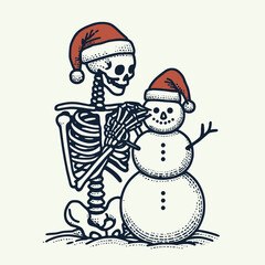 A playful scene of a skeleton and snowman in Santa hats, celebrating a whimsical winter theme.