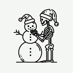 A cartoonish skeleton builds a snowman, both wearing festive hats, combining Halloween and Christmas themes in a whimsical, playful design.