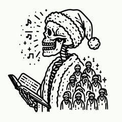 A festive skeleton in a Santa hat reads from a book, surrounded by a choir, blending Halloween and Christmas themes in a whimsical illustration.
