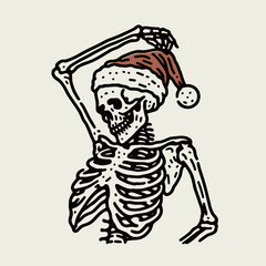 A festive skeleton wears a Santa hat, embodying a quirky blend of Halloween and Christmas themes.