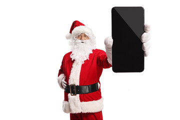 Santa Claus holding a smartphone with blank screen