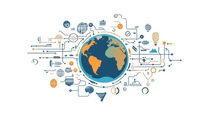 A flat vector illustration of the Earth surrounded by icons representing a global network, the internet, and technology on a white background.