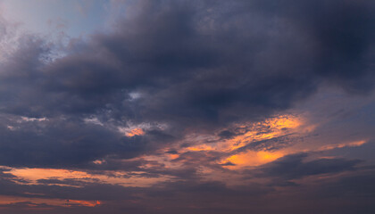 Horizon panorama and dramatic twilight sky and cloud sunset background. Natural sky background texture, beautiful color.