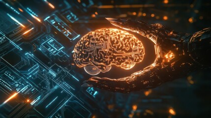 A close-up on a mage's spellbinding hands merging a brain and circuit board