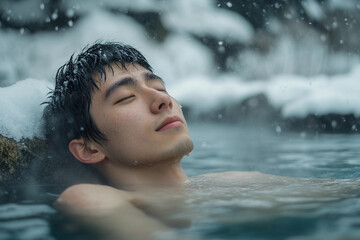 Obraz premium Generative AI: Relaxation in a serene winter resort hot spring