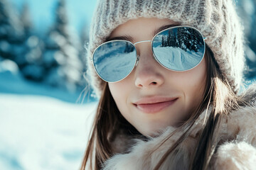 Generative AI winter resort reflection in sunglasses during a snowy getaway