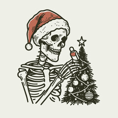 A whimsical skeleton wearing a Santa hat decorates a Christmas tree, blending festive cheer with a humorous twist.