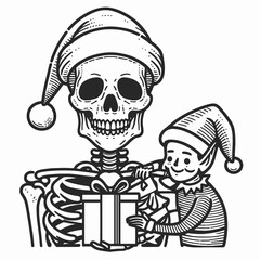 A whimsical illustration of a skeleton in a Santa hat receiving a gift from an elf, blending Christmas cheer with a playful, spooky vibe.