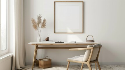 A clean, minimalist desk in a home office with white walls and wood finishes. A blank picture frame is the focal point