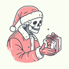 A festive skeleton dressed as Santa holds a gift, blending holiday cheer with a darkly humorous twist.