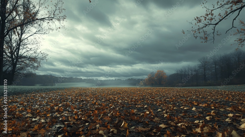 Aufkleber a misty field covered in colorful fallen leaves stretches beneath a cloudy sky. the atmosphere is se