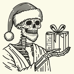 A humorous illustration featuring a skeleton in a Santa hat, holding a gift box, combining festive cheer with a spooky twist.