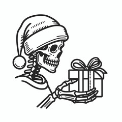 A skeleton in a Santa hat holds a gift, blending festive cheer with a spooky twist for a unique holiday-themed illustration.