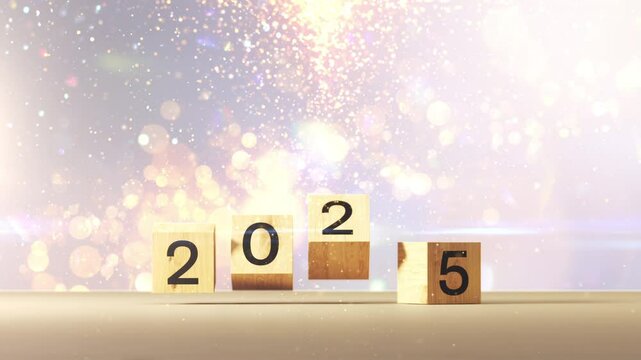 Wooden block with word 2025 flip movement placed on wooden table with motion bokeh background. 3D animation.
