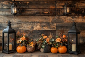 Cozy Rustic Fall Décor: Pumpkin and Lantern Display with Wooden Backdrop for Seasonal Charm