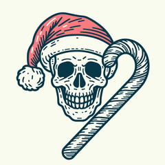 A festive skull wearing a Santa hat, paired with a candy cane, combines Christmas cheer with a spooky twist.