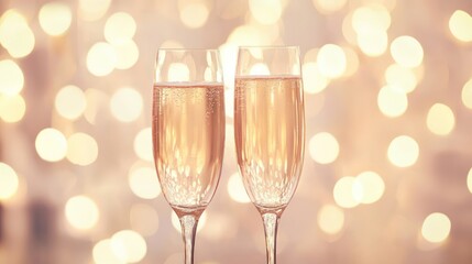 Festive and romantic New Year's Eve display with champagne glasses and decorative lights.
