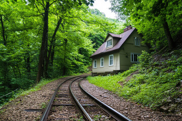 Fototapeta premium Isolated white house in a green forest, with a narrow railway track curving toward it