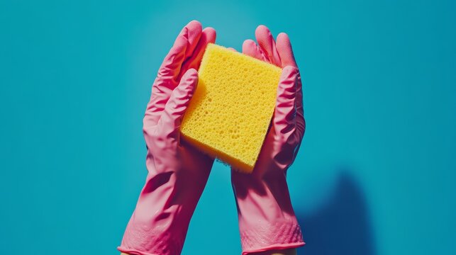 Pink Power: Cleaning Made Easy with Durable Rubber Gloves and Soapy Sponge for a Fresh Finish