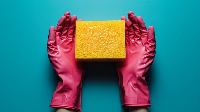 Pink Power: Cleaning Made Easy with Durable Rubber Gloves and Soapy Sponge for a Fresh Finish