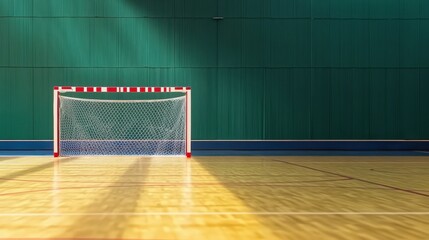 Empty indoor handball court, with goal positioned against green backdrop.