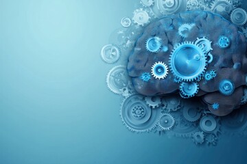 An infographic showing a human brain with gears turning inside, symbolizing the mechanics of innovative thinking, with blank space on the left for commercial purposes.