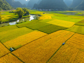 Aerial view of Phong Nam valley, Cao bang province, Vietnam with river, nature, rice fields,...