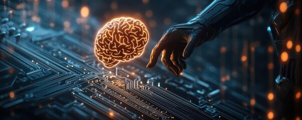 A mage casting a spell in a digital environment as a glowing brain merges with a circuit board