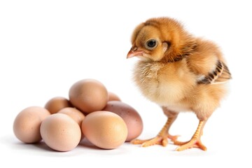 Fototapeta premium A small chicken standing next to a pile of eggs
