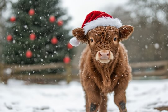 Highland Calf Wearing Santa Hat in Snowy Winter Scene