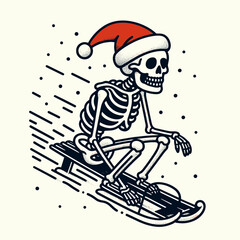 Fototapeta premium A festive skeleton wearing a Santa hat joyfully sledding down a slope, capturing a whimsical holiday spirit.