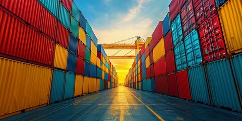 Fototapeta premium Industrial shot of colorful shipping containers stacked in rows at sunset